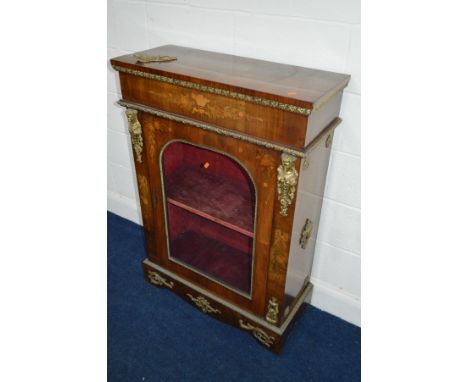 A VICTORIAN WALNUT AND FLORALLY INLAID PIER CABINET, with various brass mounts including twin female figures, single door enc