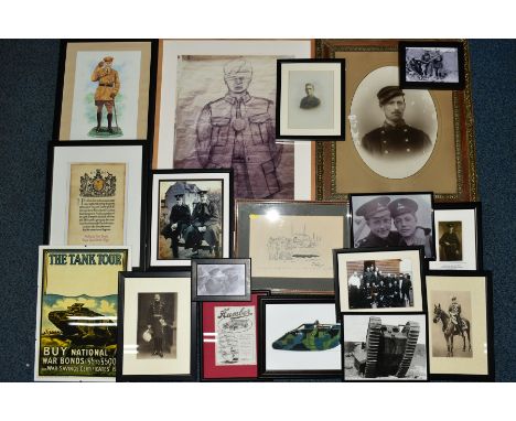 A BOX CONTAINING A NUMBER OF WWI RELATED PRINTS AND PHOTOS all framed including soldier to be shot at dawn, portrait of a Fre