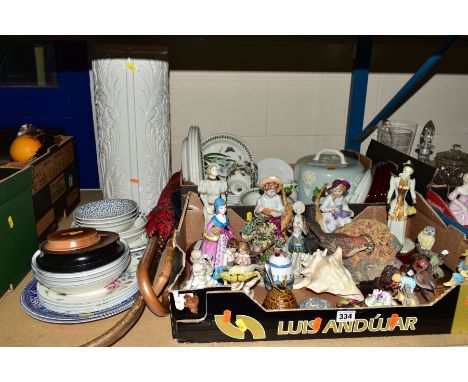 TWO BOXES OF CERAMICS AND LOOSE ITEMS, including Portmeirion Botanic Garden tea and dinner wares, assorted figural ornaments,