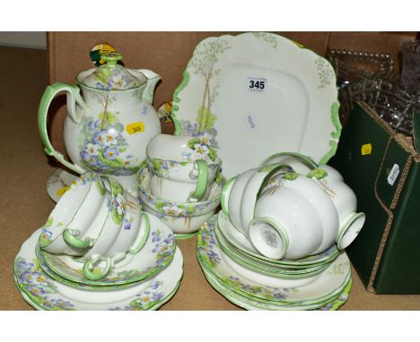 ROYAL PARAGON 'WILD VIOLETS' PATTERN ART DECO REPLICA OF A TEA SERVICE MADE FOR H M THE QUEEN, teapot lid repaired, (23 piece