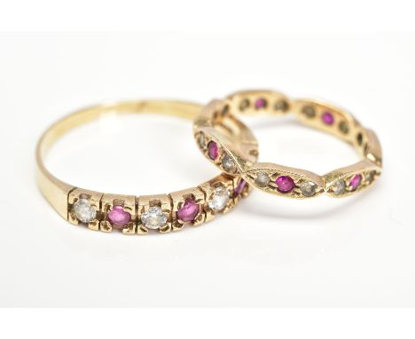 TWO GEM SET RINGS, the first designed as a row of four colourless cubic zirconias interspaced by circular rubies, 9ct hallmar