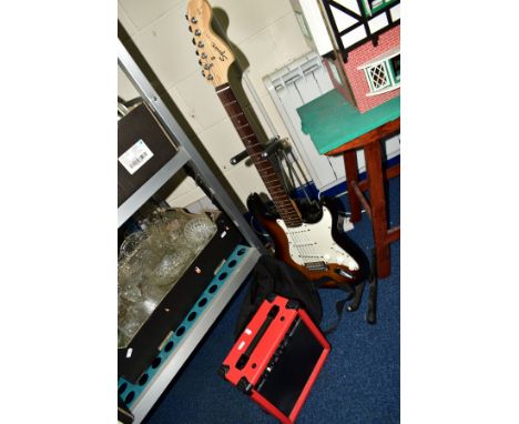A SQUIER STRAT BY FENDER ELECTRIC GUITAR, Affinity Series, serial no CY00078106, made in China, with a Premier Star amplifier