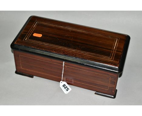 A LATE 19TH CENTURY SIMULATED ROSEWOOD AND EBONISED CYLINDER MUSICAL BOX, cylinder 11cm, comb has all teeth, working order, b