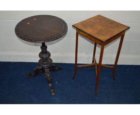 A REPRODUCTION STAINED MAHOGANY CIRCULAR TOPPED TRIPOD TABLE 50cm x height 73cm together with a burr walnut square topped tel