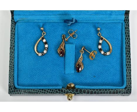 TWO PAIRS OF 9CT GOLD GEM SET DROP EARRINGS, the first of foliate design set with an oval garnet, the second of open pearl sh