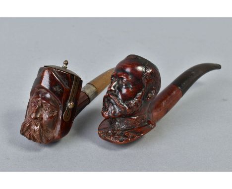 AN EARLY 20TH CENTURY CARVED WOOD PIPE IN THE FORM OF EDWARD VII, stamped BBB within a lozenge, length 15cm, together with an