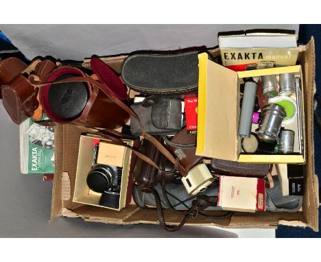 A TRAY OF CAMERA EQUIPMENT including a Ihagee Exakta Varex 11a fitted with a Jena Pancolar 50mm f2 lens, original box, leathe