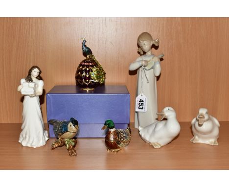 FOUR FIGURINES AND THREE JEWELLERY BOXES, comprising a Lladro figure No4871, girl with guitar, height 20.5cm, a Royal Doulton