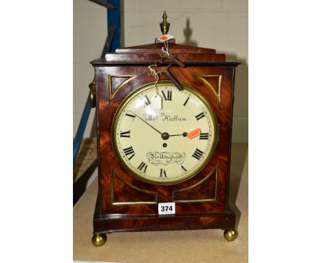 AN EARLY 19TH CENTURY AND LATER MAHOGANY AND BRASS MOUNTED BRACKET CLOCK, stepped pediment with brass finial, circular (repla