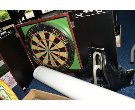 AN WINMAU PRO SFB DARTBOARD, contained in a wall mounted cabinet with double doors with chalk boards to open sides, board and