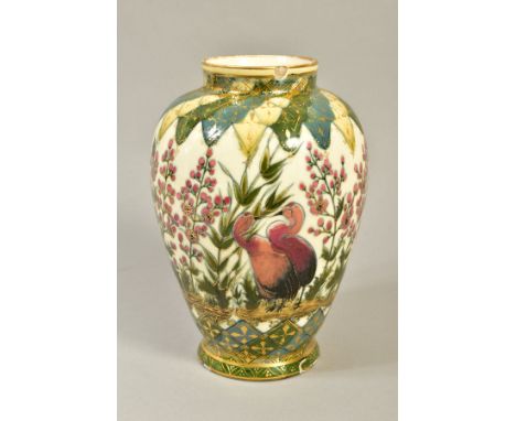 A LATE 19TH CENTURY ZSOLNAY PECS LUSTRE BALUSTER VASE, cream ground decorated with birds amongst foliage between geometric de