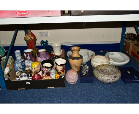 TWO BOXES AND LOOSE CERAMICS AND GLASS etc, to include an unmarked Chinese Moon Flask, approximate height 31cm, Oriental balu