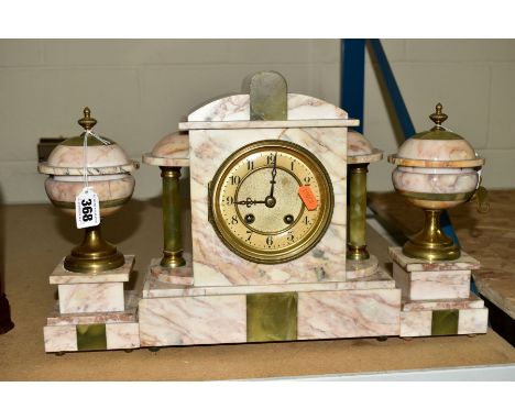 A LATE 19TH CENTURY MARBLE AND ONYX CLOCK GARNITURE, the clock of architectural form, the chapter ring with Arabic numerals, 
