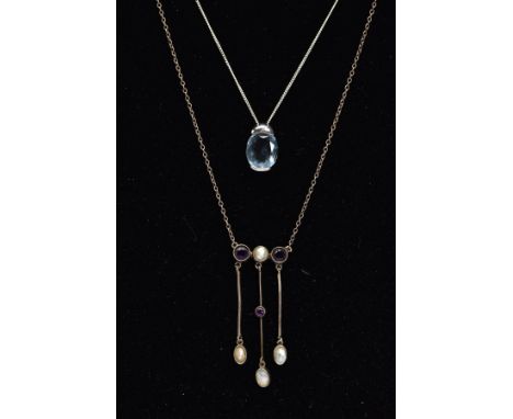 TWO PENDANTS, the first an oval blue paste suspended from a fine curb link chain, pendant stamped 18KGP 925, the second desig