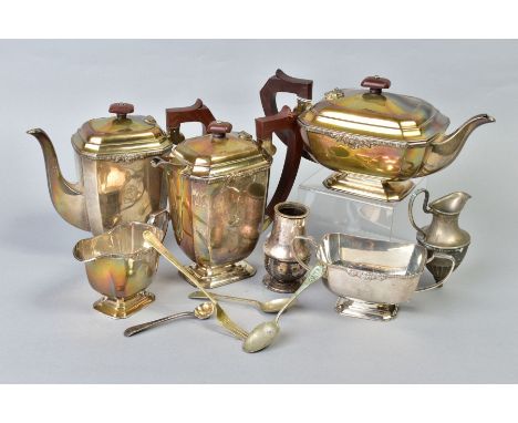 AN ELIZABETH II SILVER FIVE PIECE TEA AND COFFEE SET, of shaped rectangular form, ribbed rim with shell and foliate scroll de