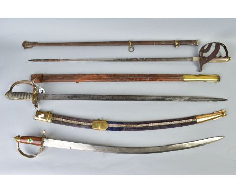 THREE MILITARY INTEREST SWORDS to include Victorian infanry officers sword, in a leather and wooden scabbard, hand guard feat