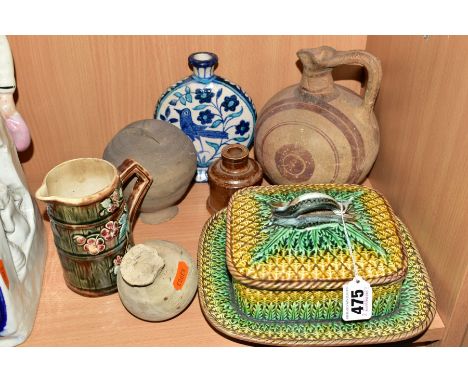SEVEN CERAMIC ITEMS COMPRISING A VICTORIAN MAJOLICA SARDINE DISH AND COVER, moulded decoration, unmarked, width 21cm, togethe