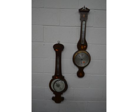 AN ART NOUVEAU OAK AND FLORALLY INLAID ANEROID BAROMETER, marked H Pidduck &amp; Sons, Hanley, height 99cm and a 19th Century