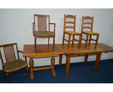 A SOLID OAK DRAW LEAF TABLE, with single drawer (missing one leaf), together with a similar rush seated ladder back chair, an