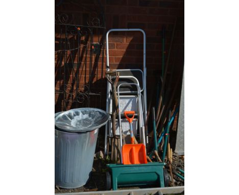 A QUANTITY OF VINTAGE GARDEN TOOLS together with two step ladders and a galvanised binCondition Report   No axe and one long 