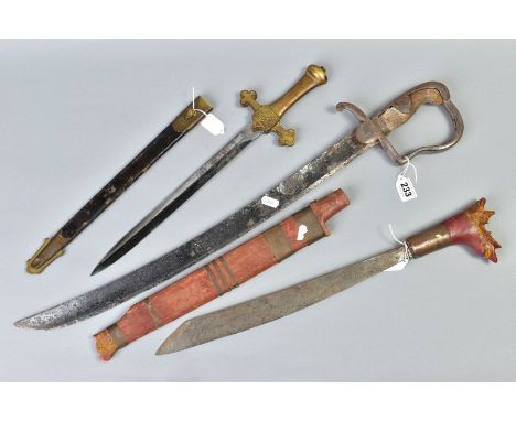 THREE MILITARY BLADED WEAPONS AS FOLLOWS, 19th century? Cutlass, curved blade of approximately 23'', no makers marks apparent