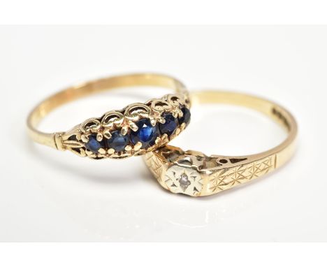 TWO 9CT GOLD GEM SET RINGS, the first designed as a graduated row of five circular sapphires to the scrolling gallery and sho