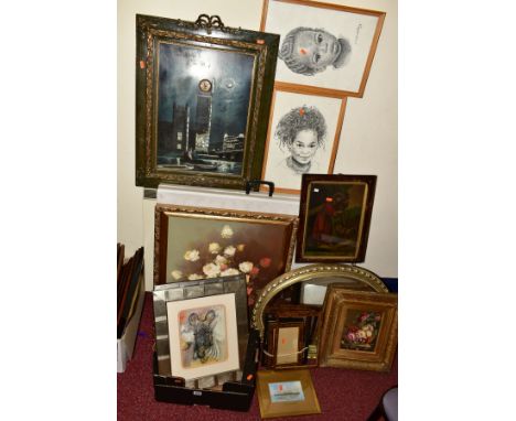 PICTURES AND PRINTS ETC, to include a framed transfer and hand painted porcelain plaque, approximate size 21cm x 17cm, a Vict