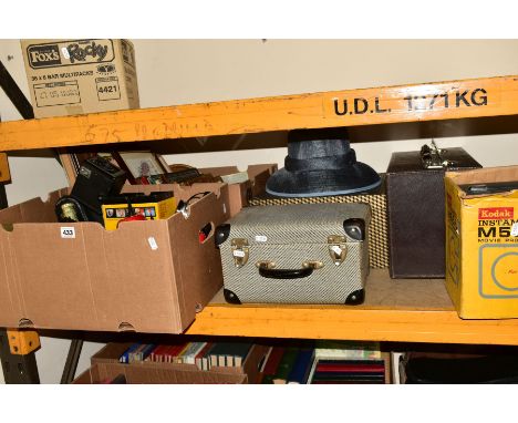 A QUANTITY OF SUNDRIES IN TWO BOXES AND LOOSE including a gent's case fitted with drawers, cased Essex miniature sewing machi