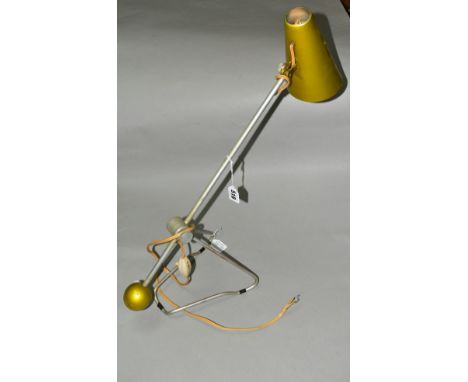 A 1950'S PAUL BOISSEVAIN FOR MERCHANT ADVENTURERS COUNTERBALANCE DESK LAMP, green shade and ball weight (s.d.), unmarked