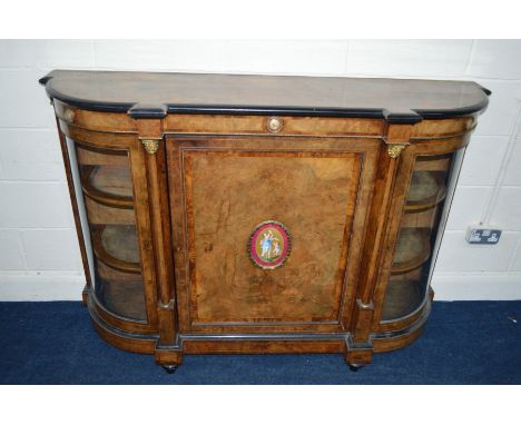 A VICTORIAN BURR WALNUT, AMBOYNA BANDED AND INLAID CREDENZA, with an ebonised edge to the top and base, three circular plaque