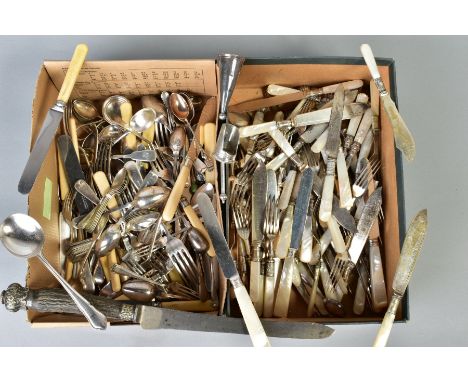 TWO BOXES OF LOOSE CUTLERY AND FLATWARE, including mother of pearl handled dessert and fish eaters (two boxes)