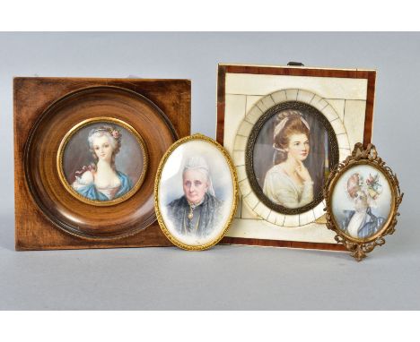FOUR 20TH CENTURY MINIATURES OF LADIES, including a gilt framed oval portrait of an elderly lady 7.5cm x 5.5cm and a circular
