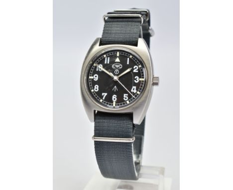 A STAINLESS STEEL MILITARY ISSUED CABOT WATCH COMPANY WRISTWATCH, black dial with Arabic numeral hour markers, luminous accen