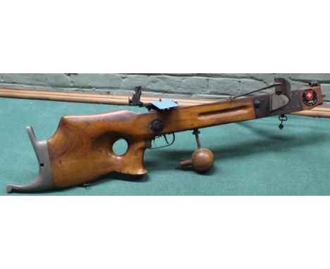 A mid 20th Century Swiss 'match' crossbow by G Schmid Necker (No.230), one original bolt included but no loading lever