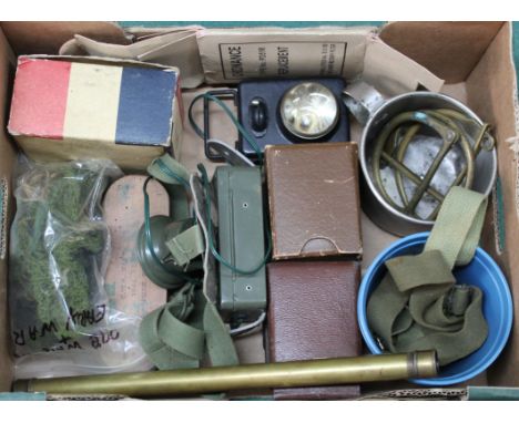 A mixed lot including a sighting scope, helmet light, with goggles etc