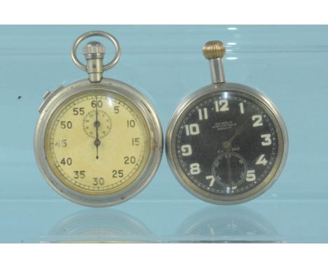 A Cuprel military stopwatch in Dennison case together with a black dial military issue pocket watch, dial marked 'CC4260', WW