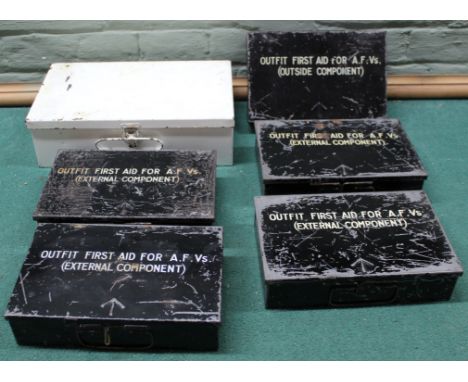 Five military first aid tins (empty) marked 'Outfit First Aid for A.F.V's (Outside Component)' together with another tin