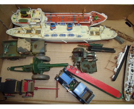 Box containing a selection of model boats, Air Fix type Royal Mail NO 14 stage coach, military vehicles Air Fix Rolls Royce 1