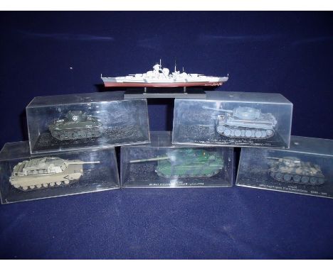 Five Altas Deacostini 1.72 scale die-cast model tanks in original plastic cases plus one model battleship on plinth all boxed