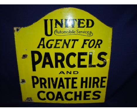 Double sided enamel United Automobile Services Ltd advertising sign "Agent for parcels and private hire coaches" (44cm x 46cm