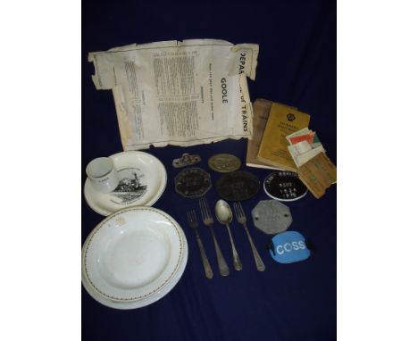 Mixed lot of railway related items including LNER soup bowl, various other railway ceramics cast and alloy repair plates, ena