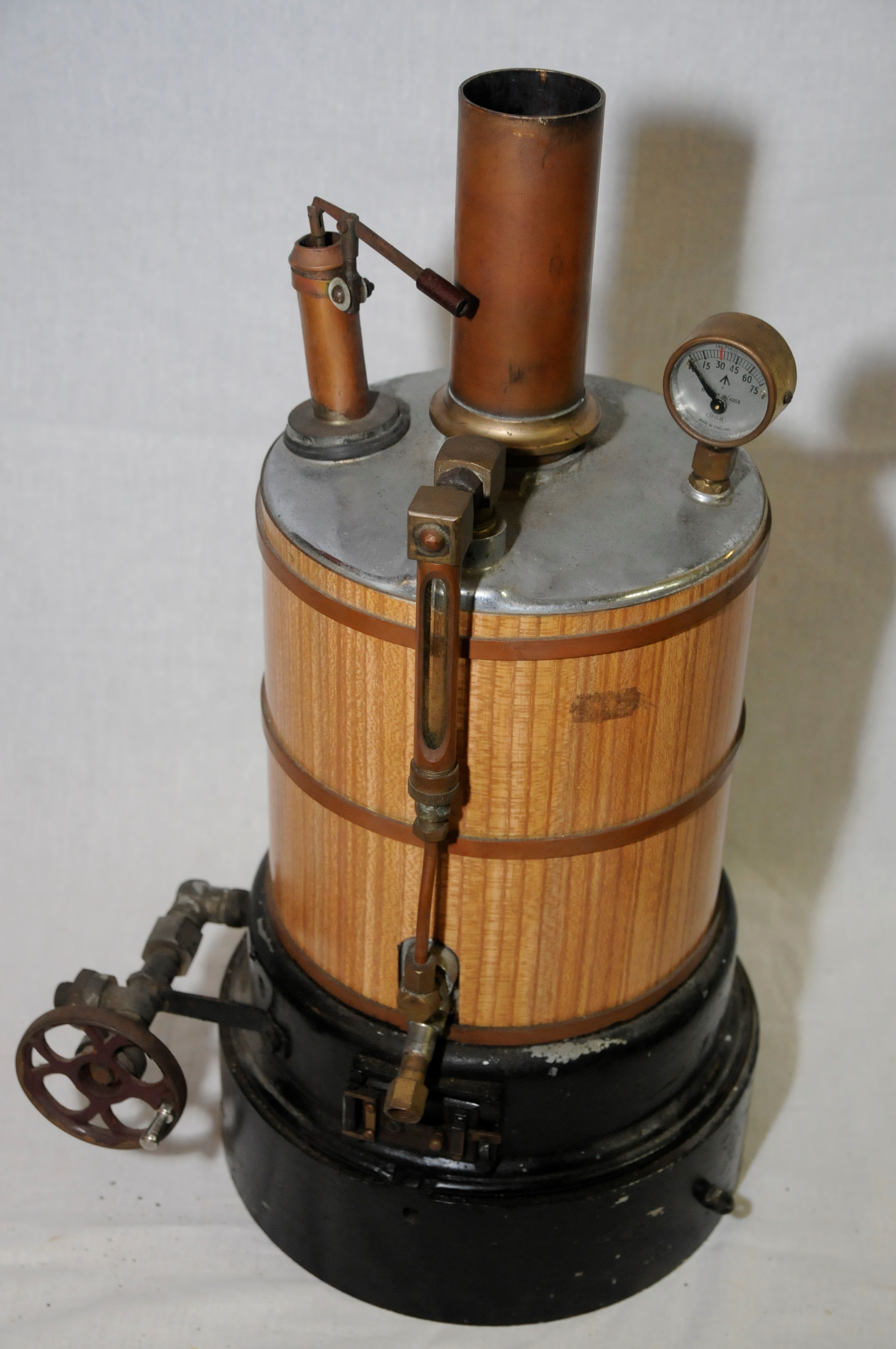 Coopered wood and steel coal fired Live steam boiler with pressure gauge