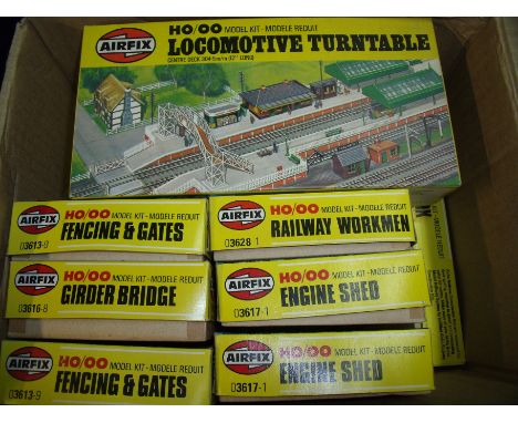 A large selection of boxed an unmade Air Fix OO gauge railway accessories including signal box, foot bridge, general store fe