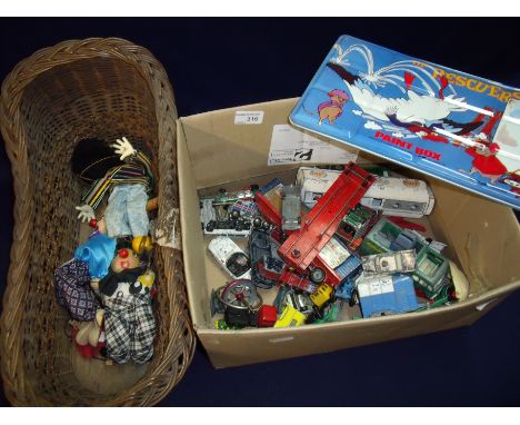 Selection of various vintage and later die-cast vehicles including Matchbox, Corgi etc, a rescuers paint box, a small wicker 