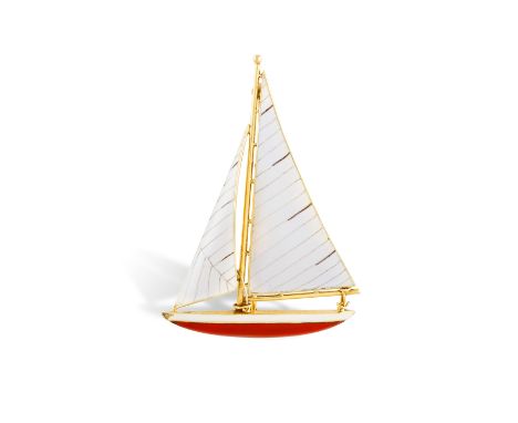 A RETRO ENAMEL NOVELTY BROOCH, BY CARTIER, CIRCA 1945Designed as a sailing ship, the sails of cream enamel with fine line lin