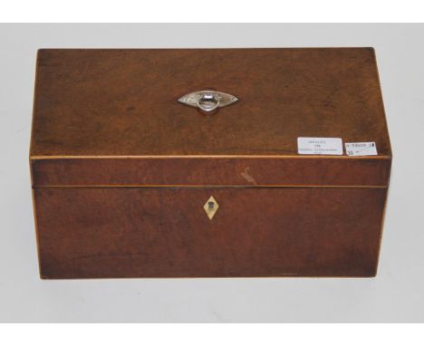 A NINETEENTH CENTURY RECTANGULAR MAPLE TEA CADDY, the fitted interior with two canisters and a bowl section, 12.25" (31cm)w. 