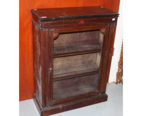 A VICTORIAN INLAID WALNUT SIDE CABINET, with one glazed door raised on a plinth base, 30" (76cm). (1) 