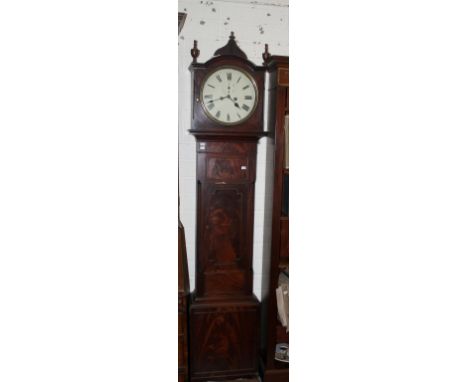 A 19TH CENTURY MAHOGANY EIGHT-DAY LONGCASE CLOCK, the arched and moulded pediment with three urn finials, above a circular pa