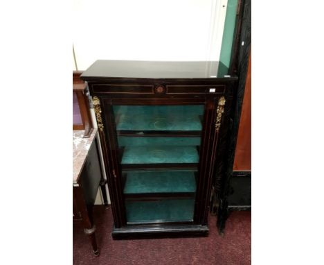 A NINETEENTH CENTURY INLAID AND BRASS-MOUNTED PIER CABINET, with front glazed door, and two glazed side panels, enclosing thr