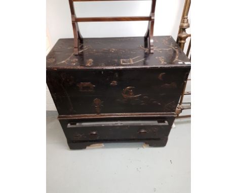 A CHINESE LACQUERED LIFT-TOP MULE CHEST, the entire chest relief decorated and lacquered with figures in boats, other figures